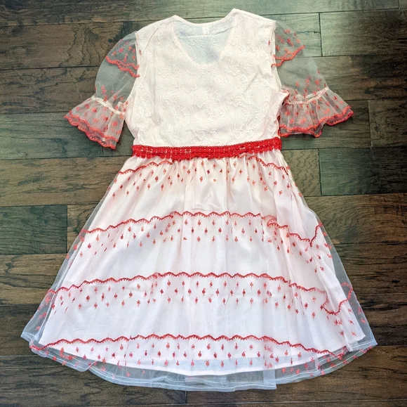 NWOT Pink and Red Lace Dress w Bell Sleeves Sweet & Unique - Picture 2 of 7